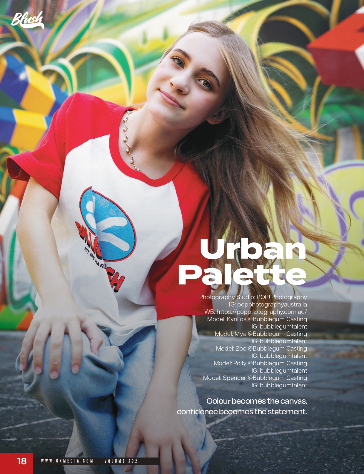 Blush magazine editorial spread featuring a young POP! Photography model